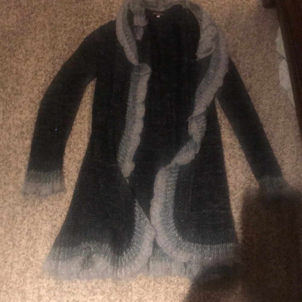 Gray fluffy ruffled sweater cardigan duster